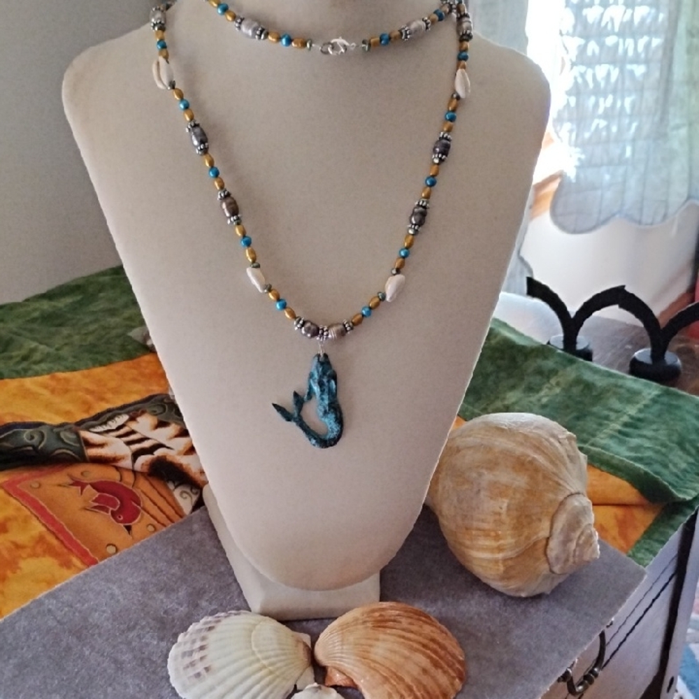 Hand Crafted Fresh Water Pearl And Shell Necklace with Mermaid Pendant